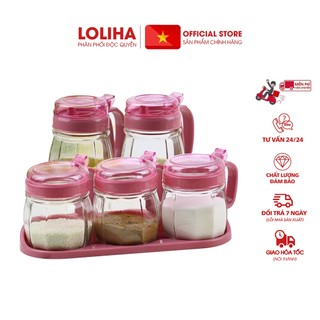 ⛔FREESHIPXTRA⛔ Bộ 5 món đựng gia vị nắp hồng (LOẠI CÓ TAY CẦM)