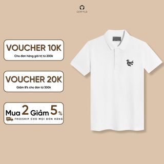 Áo polo nam màu trắng CEFFYLO thêu họa tiết con sóc form áo slimfit chất vải cotton mềm mại thoáng mát thời trang nam