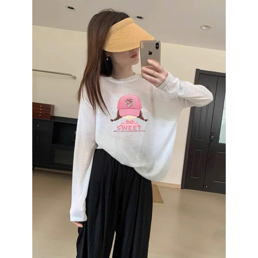 Ao thun nữ dài tay xược giấy in hình nón hồng sweet Menina_studio, áo thun dài tay nữ siêu xinh