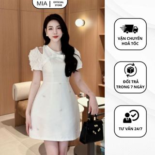Váy trắng thiết kế dự tiệc tay bồng đính nơ sang trọng đầm nữ khoét vai dáng ngắn MiaClothing V268