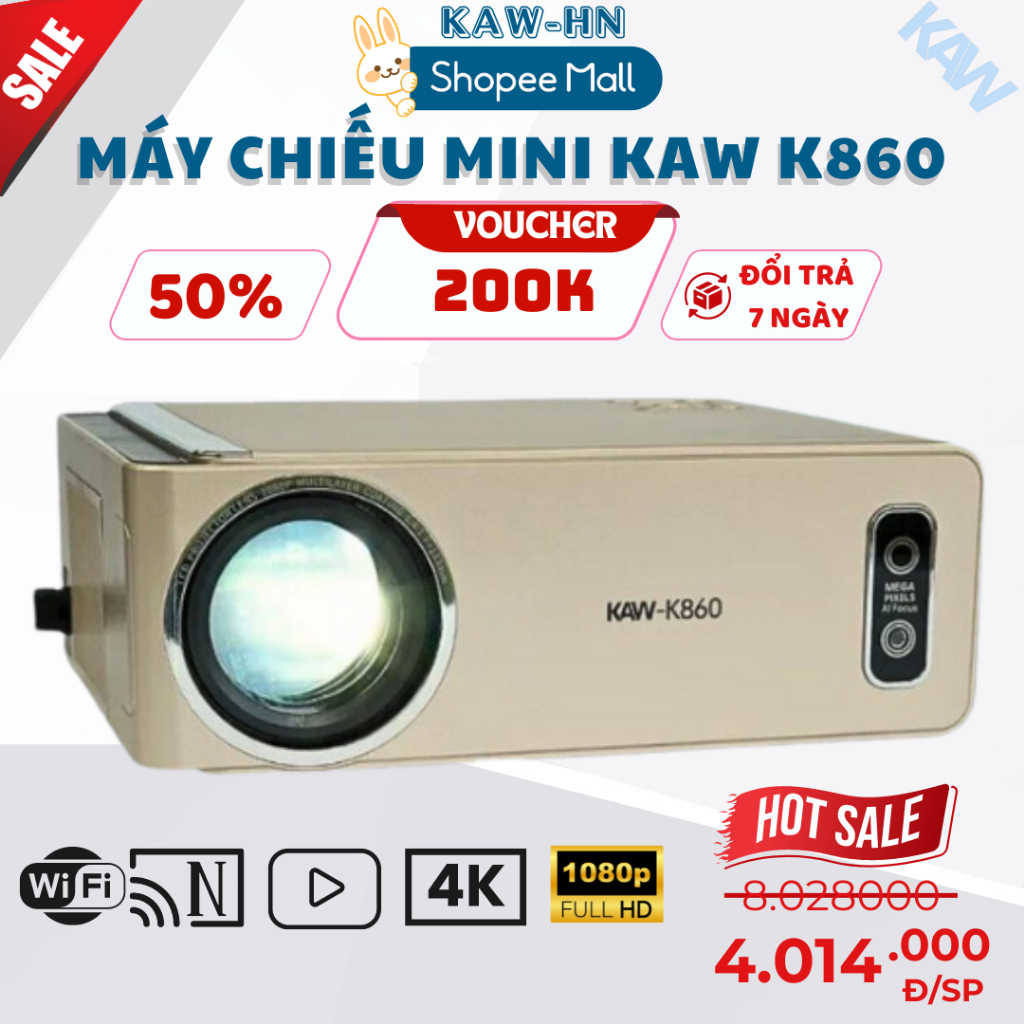 Máy chiếu mini K860 SEKA/KAW độ phân giải 1080P hình ảnh sắc nét, Kết nối điện thoại máy tính, wifi,