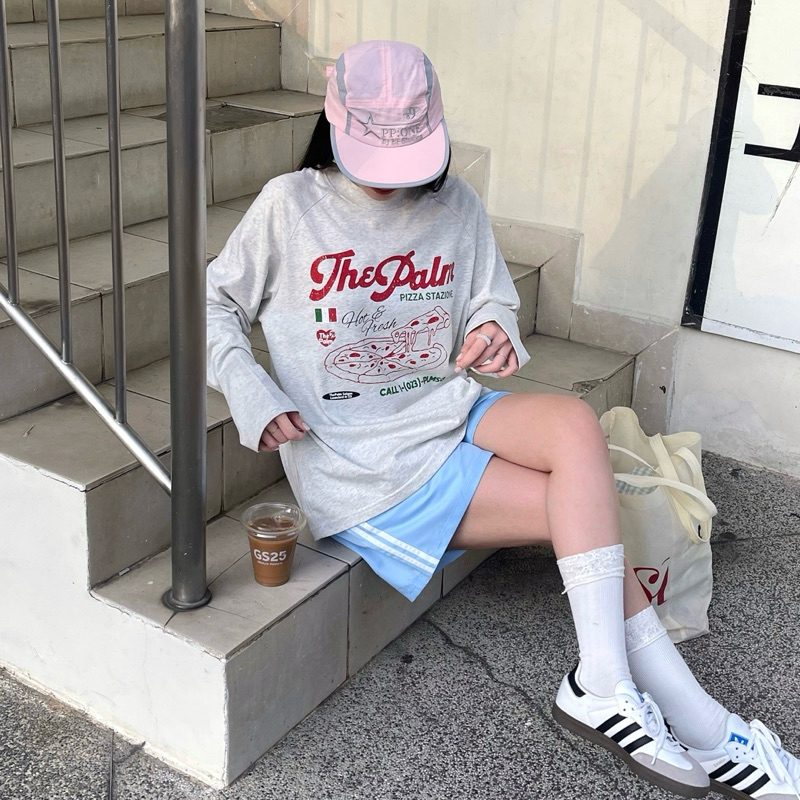 ThePalm Saigon Official - Áo Thun Tay Dài Raglan UNISEX "PIZZA" Màu Xám Tiêu Nhạt UNISEX Nam Nữ