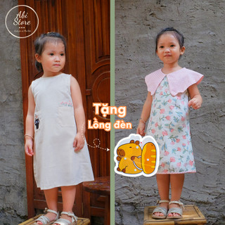 Váy bé gái chất liệu linen, thô lụa mềm, mát, váy suông trẻ em thêu mèo1,2,3,4,5,6,7,8,9 tuổi đầm công chúa AbiStore