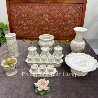 Bộ đồ thờ cúng, Set đồ thờ bạch Ngọc sen trắng , Bộ thờ cúng sứ bạch ngọc vân nổi sẵn kho,hàng loại 1