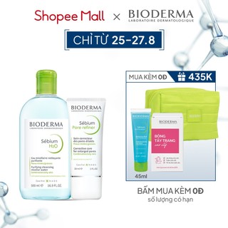 Bộ đôi làm sạch micellar cho da hỗn hợp và da dầu Bioderma Sebium H2O 500ml và kem dưỡng se lỗ chân lông 30ml
