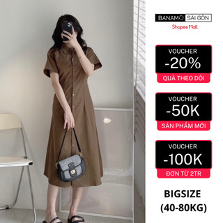 Đầm sơ mi tay ngắn dáng dài đầm nữ chiết eo chun lưng cổ sơ mi 5915