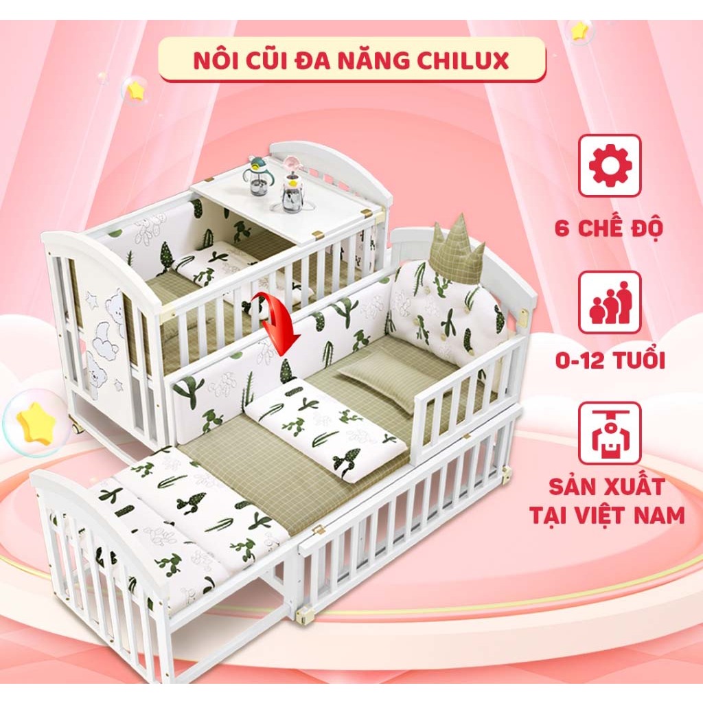 Nôi cũi cho em bé CHILUX PEACE WHITE - Đa năng 6 chế độ cho bé sơ sinh đến 12 tuổi