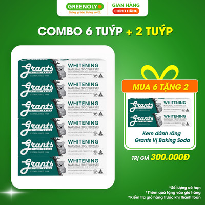 Combo 6 Kem Đánh Răng Grants Thảo Dược Trắng Răng Chiết Xuất Thiên Nhiên Hữu Cơ Hương Bạc Hà The Mát 110g