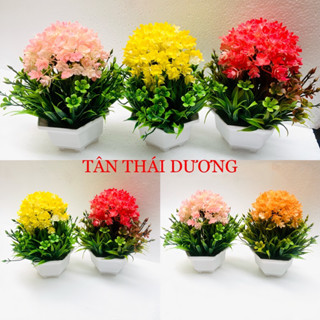 Chậu hoa giả - Chậu hoa tú cầu kèn cao cấp - Chậu hoa để bàn, Decor trang trí cực đẹp