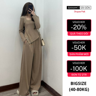  Set nữ bigsize Banamo Sài Gòn bộ áo thun tăm cổ vuông dài tay kèm quần culottes 191 