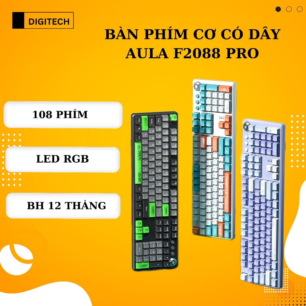 Bàn phím cơ gaming DIGITECH AULA F2088 pro có dây full size 108 phím có núm xoay led RGB blue switch
