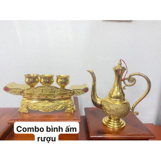 combo Bình ấm rượu ấm trà ,Bộ khay 3 chén ly chén trơn bằng đồng nguyên chất