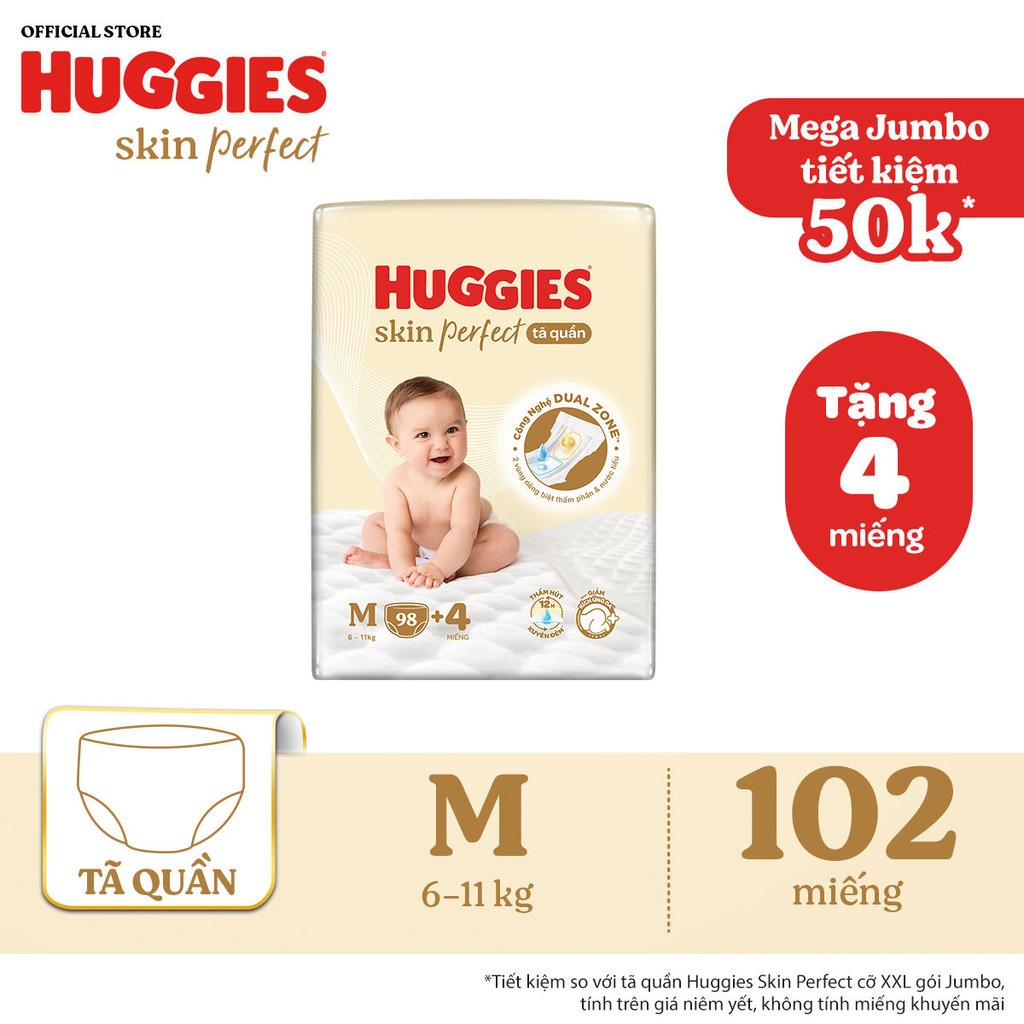  Tã quần Huggies Skin Perfect Mega Jumbo M98/ L88/XL72+4/XXL64+4 với 2 vùng thấm giảm kích ứng da