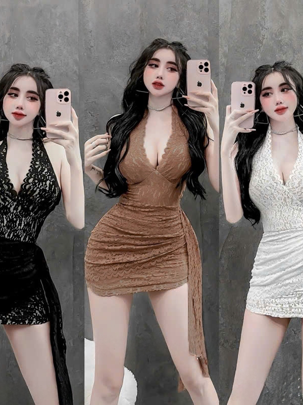 P030 - Đầm body ren cổ yếm phối tà nhún vạt dài sang chảnh gợi cảm đi tiệc