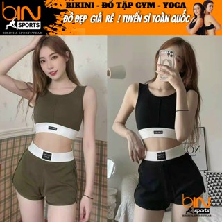Bộ đồ tập gym yoga pickleball nữ áo bra kèm mút và quần đùi thun dệt kim 4 chiều BINSPORTS BN045