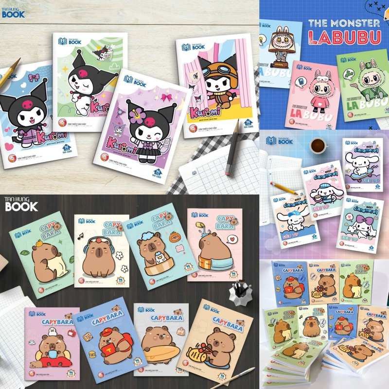 Lốc 5/10 Quyển Tập Vở Capybara, Kuromi, Cinnamoroll, Labubu, Doremon 96 Trang (4 ô li, 5 ô li)