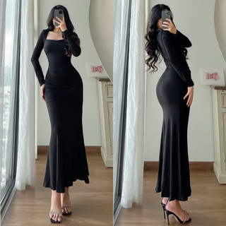 Đầm body maxi đuôi cá dáng dài cổ vuông tay dài ôm body sexy tôn dáng basic