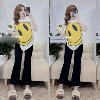Sét quần ống loe chất umi siêu xinh + mix áo mặt cười form rộng unisex