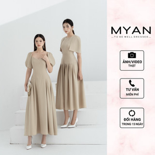 MYAN DESIGN Váy Thiết Kế Dáng Dài Xếp Ly Cổ Tròn Tay Áo Phủ Vai Chiết Eo Vvn112304