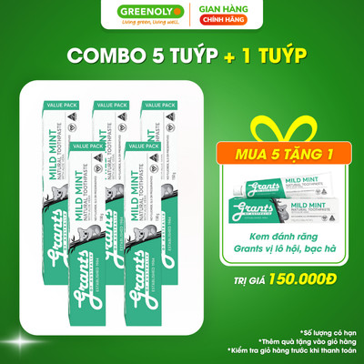Combo 5 Tuýp Kem Đánh Răng Lô Hội Bạc Hà Grants Of Australia Làm Dịu Nướu Giảm Ê Buốt Hơi Thở Thơm Mát 110g