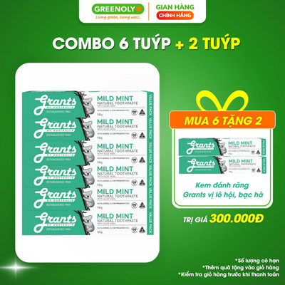Combo 6 Tuýp Kem Đánh Răng Lô Hội Bạc Hà Grants Of Australia Làm Dịu Nướu Giảm Ê Buốt Hơi Thở Thơm Mát 110g