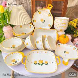 Bát Đĩa Gốm Sứ Decor, Bát Ăn Cơm, Bát Ăn Chè, Chén Dĩa Dễ Thương Bộ Bát Đĩa Hoa Tuy Lip Vàng 15 món