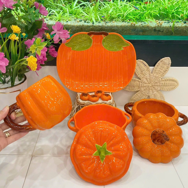 Bộ Bát Đĩa Gốm Sứ Decor, Bát Ăn Cơm, Bát Ăn Chè, Chén Dĩa Dễ Thương Sét Bát Đĩa Bí Ngô Xinh Yêu