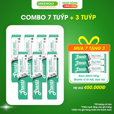 Combo 7 Tuýp Kem Đánh Răng Lô Hội Bạc Hà Grants Of Australia Làm Dịu Nướu Giảm Ê Buốt Hơi Thở Thơm Mát 110g
