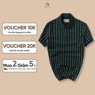 Áo polo nam CEFFYLO Họa Tiết Kẻ Sọc màu xanh rêu chất cotton thoáng khí mềm mịn hạn chế nhăn dáng ôm nhẹ thời trang nam