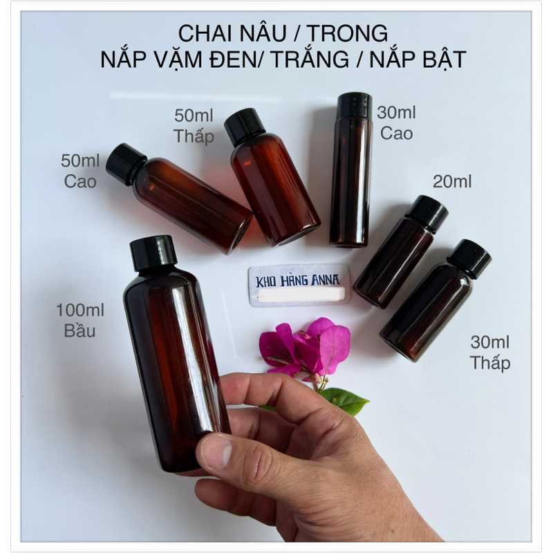 ( SET 5) CHAI NHỰA NÂU NẮP VẶN ĐEN 30ml 50ml 100ml 200ml 300ml 500ml - Chai lọ Nhựa CHIẾT MỸ PHẨM , chiết sữa tắm