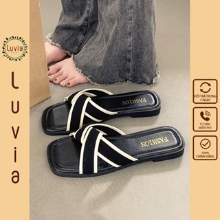 Dép nữ cao cấp quai chéo phối màu đen trắng đế TPR chống trơn trượt Luvia X116DN
