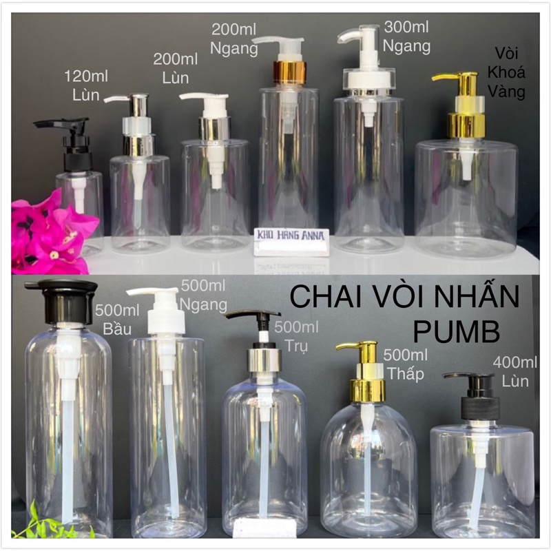 Chai nhựa Pet trong suốt 500ml/ 300ml/ 200ml/ 250ml/ 150ml/ 100ml- vỏ Chai nhựa trong suốt vòi nhấn, xịt sương, nắp đen