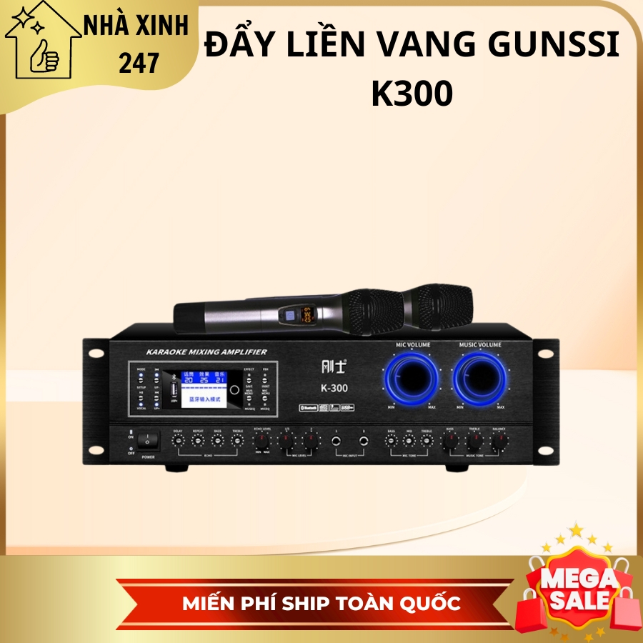 Đẩy liền vang kèm micro Gunssi K-300,amly liền vang bluetooth công suất lớn thiết kế hiện đại dùng c