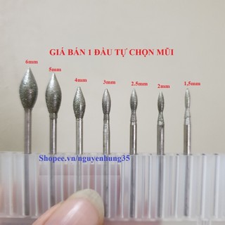 Mũi mài kim cương, mũi mài khắc đá, ngọc, hình giọt nước chân cán 2.35mm - mũi mài doa lỗ hạt vòng