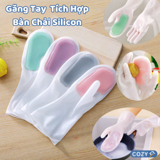 Găng tay cao su tích hợp bàn chải silicon mềm, găng tay có bàn chải rửa bát rau củ cọ rửa nhà cửa.