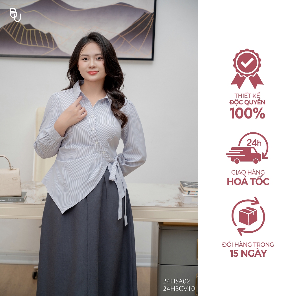 Áo sơ mi kiểu thắt eo xếp ly kẻ BIGSIZE (55kg đến 95kg) – 24HSA02 - [BUstu Bigsize]