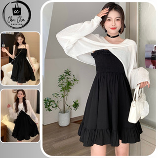 Đầm nữ Set váy nữ gồm Váy 2 dây và áo cardigan croptop Chất vải lụa cho các bạn đi học đi chơi
