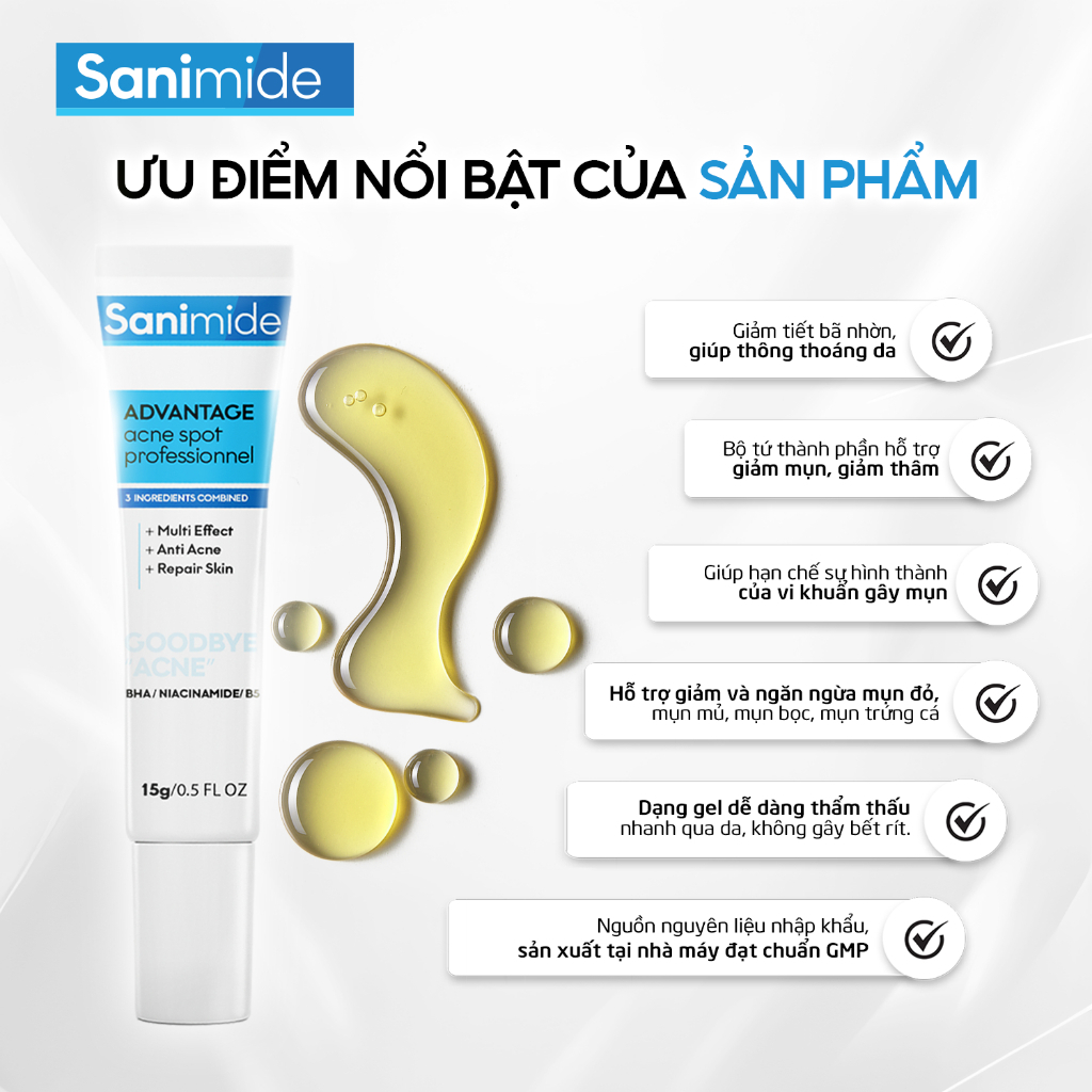 Gel Giảm Mụn Bọc, Mụn Mủ, Mụn Trứng Cá, Mụn Viêm, Mụn Đầu Trắng Và Hỗ Trợ Mờ Thâm Sanimide -Tuýp 15g
