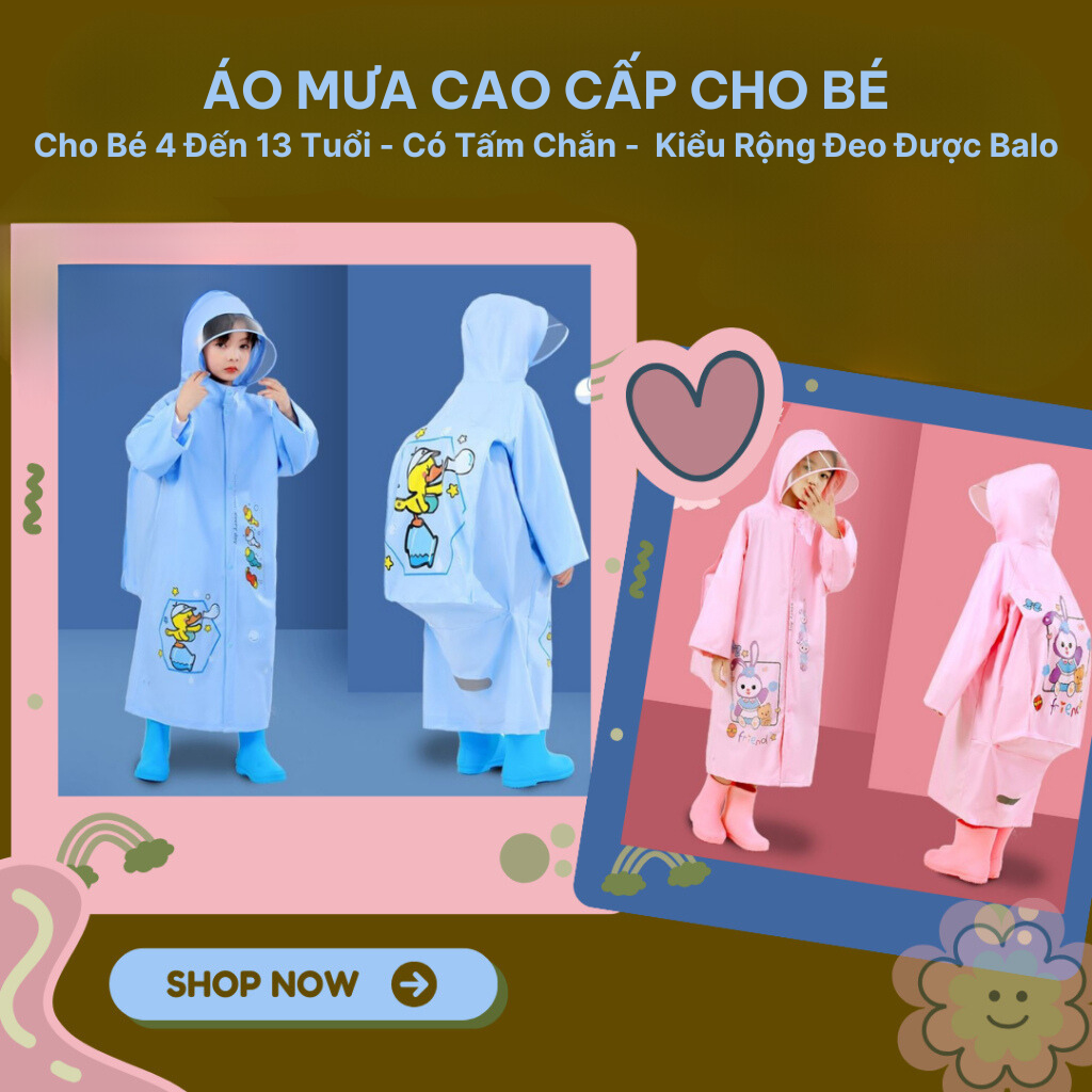 Áo mưa cho bé - Áo mưa trẻ em 4-13 tuổi cao cấp có tấm chắn, kiểu rộng đeo được ba lô, chất liệu an toàn cho bé