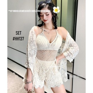 (Sẵn-nhiều mẫu) SET 3 MÓN Bikini len móc đi biển Trắng Quảng Châu