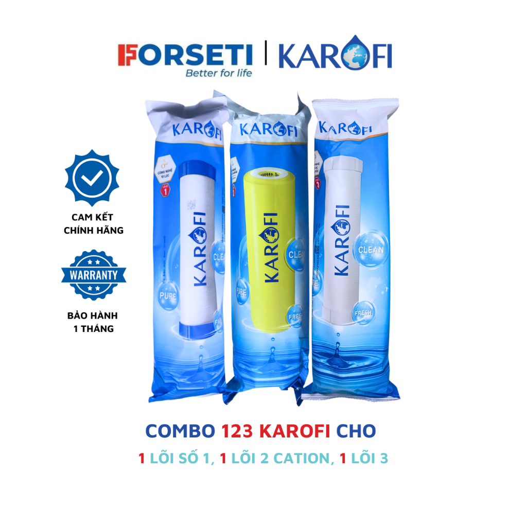 Combo 3 lõi lọc nước Karofi chính hãng: Lõi số 1, Lõi 2 Cation vàng, Lõi số 3