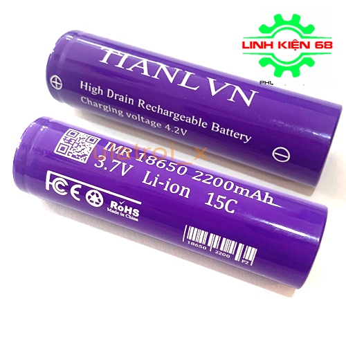 Pin tím TL IMR 18650 xả cao 15c (30a), 2200mAh, chuyên pin Power Tools