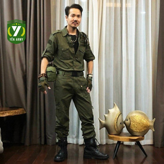  Bộ Quần Áo Kaki Nam Túi Khóa Chéo Màu Xanh Rêu Dài Tay - Tặng Kèm Dây Lưng 