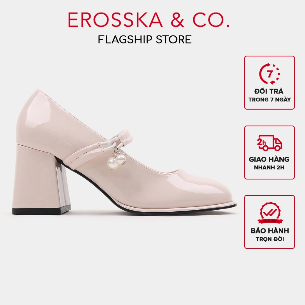 Erosska - Giày cao gót nữ mũi tròn đính hạt ngọc kiểu dáng sang trọng màu kem cao 7cm - EP017