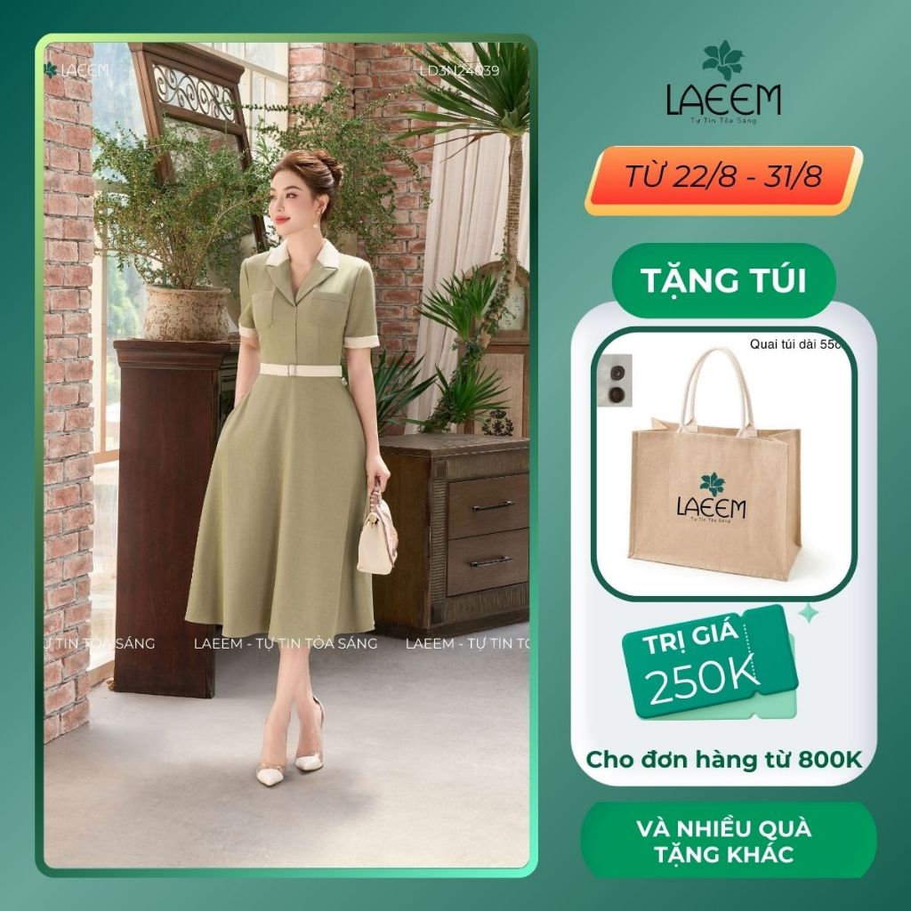 Đầm xòe cổ vest túi ốp cao cấp LAEEM LD3N24039 chất liệu xước hàn mát mẻ dễ mix đồ