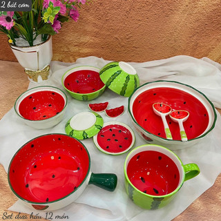 Bát Đĩa Gốm Sứ Decor, Bát Ăn Cơm, Bát Ăn Chè, Chén Dĩa Dễ Thương Bộ Bát Đĩa Dưa Hấu 3D Cực Đáng yêu