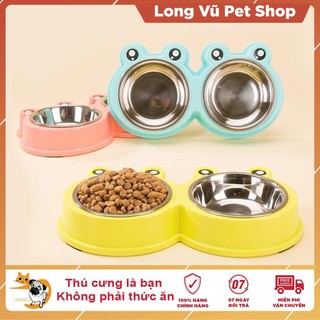 Bát ăn cho chó, bát ăn cho mèo đế nhựa bát inox không gỉ hình ếch  - Long Vũ Pet Shop