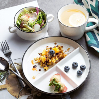 Bát Đĩa Gốm Sứ Decor, Bát Ăn Cơm, Bát Ăn Chè, Chén Dĩa Dễ Thương Sét Ăn Sáng Điểm Tâm Trắng Viền Đen Sang Cực Sang Chảnh