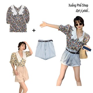 (Sẵn-Có ảnh thật) Áo sơ mi Hoa, Cổ Búp Bê Phong Cách Retro Hàn Quốc