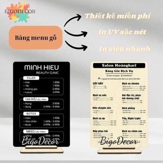 Bảng menu gỗ để bàn, Bảng giá dịch vụ salon, thẩm mỹ viện, spa bền đẹp, chắc chắn in theo yêu cầu